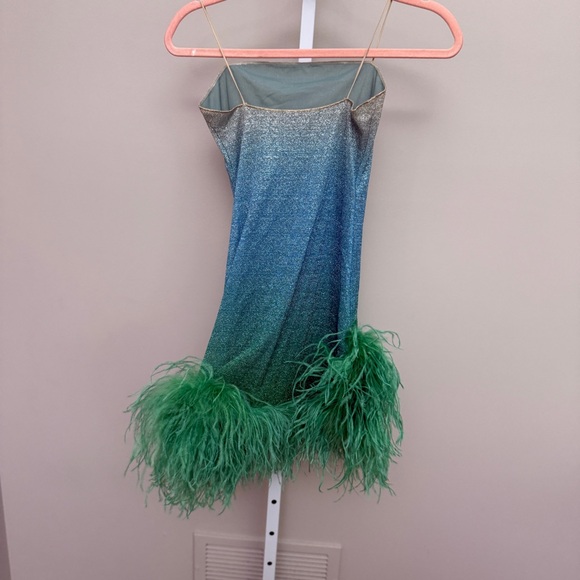 Oseree Blue and Green Feather Trim Dress - Picture 6 of 7